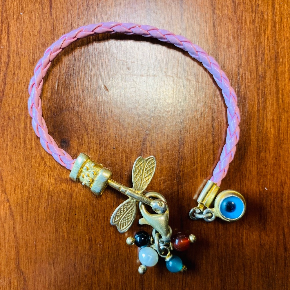 Cute Pink cord bracelet with gold tone silver plated dragonfly & blue evil eye